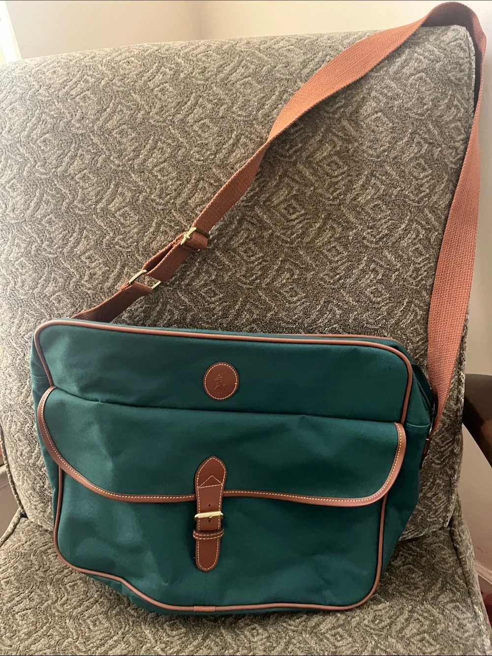 Teal Canvas Messenger Bag with Brown Leather Trim